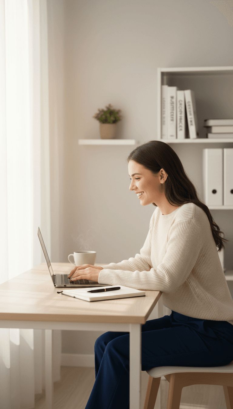 Confident entrepreneur working at laptop desk in bright home office environment