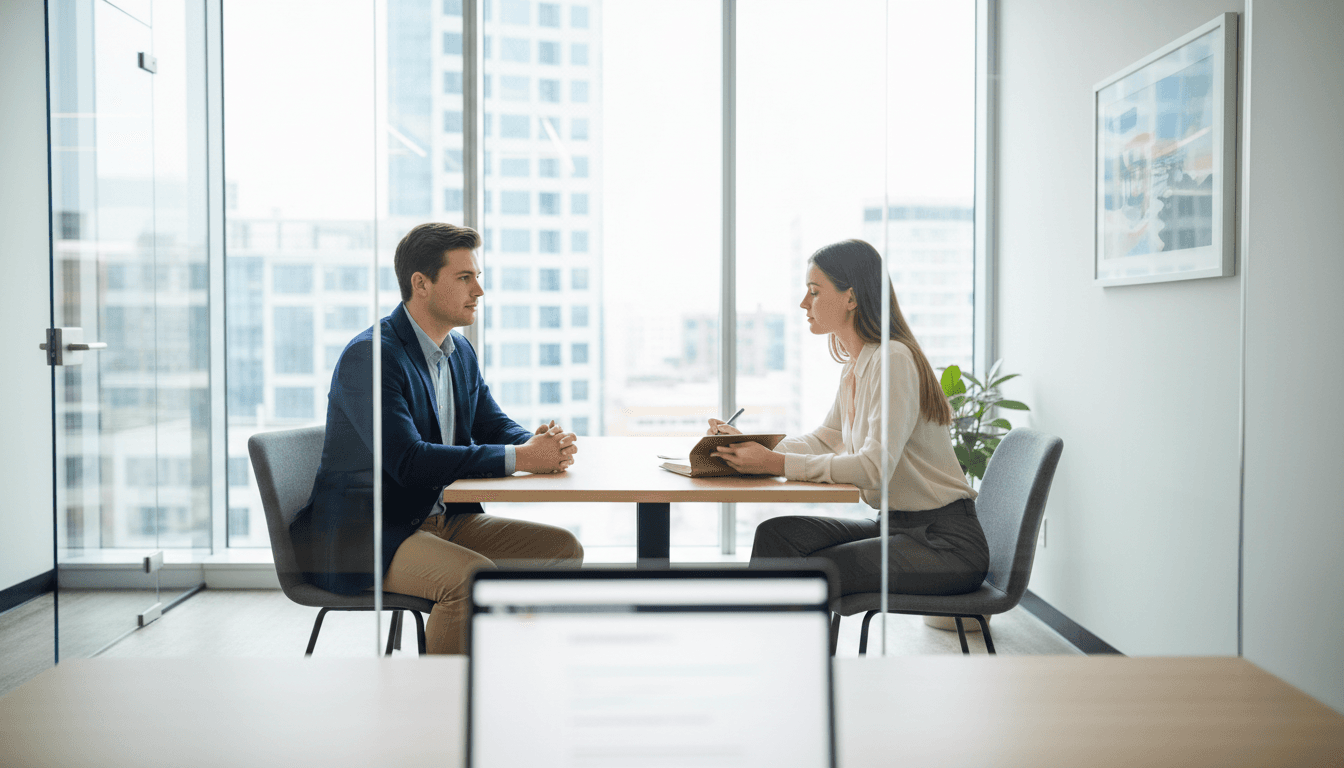 Career coach conducting mock interview with student in modern glass consultation room with natural lighting