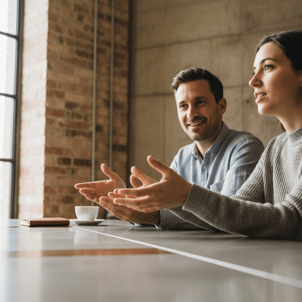 Two professionals in candid conversation across minimalist table with natural window light and authentic engaged expressions